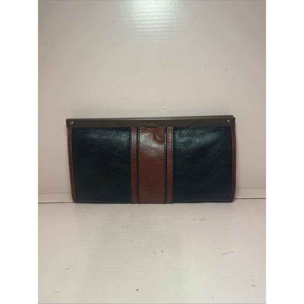 Vintage Fossil Wallet Handbag Clutch Black Brown Leather See Vtg